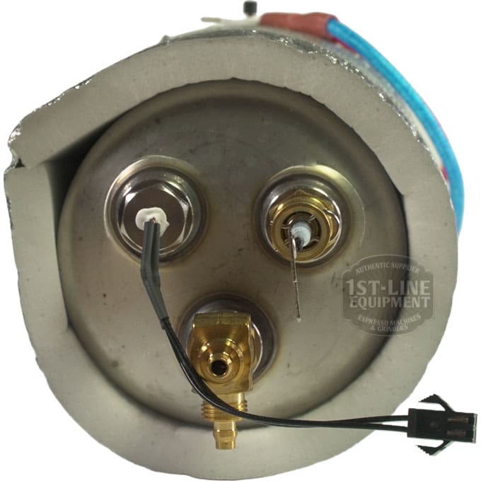 Close-up of the Bellezza BE.040.012 Bellona Steam Boiler Assembly - Version 1 ONLY, showing the underside with three electrical connectors, attached wires, visible internal structure, and various metal fittings. © 2025 1st-line.com