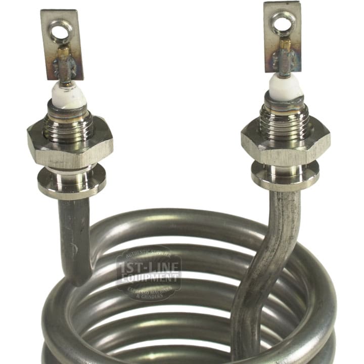 Close-up of the Bellezza BE.090.013 1000W 120V Bellona Coffee Boiler Heating Element, featuring two vertical coil loops and screw terminals on top for electrical connections—perfect for coffee boiler use. © 2025 1st-line.com