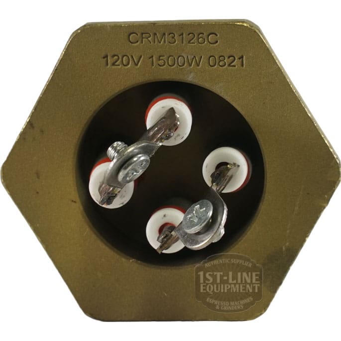 Close-up of the Bellezza IN.076.010 Inizio Heating Element 120V: hexagonal brass body with three screw terminals and insulators, labeled CRM3126C 120V 1500W 0821. A faint 1st-Line Equipment watermark is at the bottom right. © 2025 1st-line.com