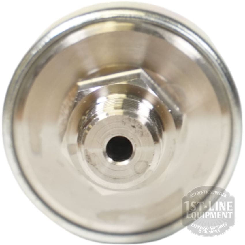 Close-up of the Mater XP 601 Pressure Switch, a round metal component for espresso machines, with a central threaded hole and the 1st-Line Equipment logo visible in the lower right corner. © 2025 1st-line.com
