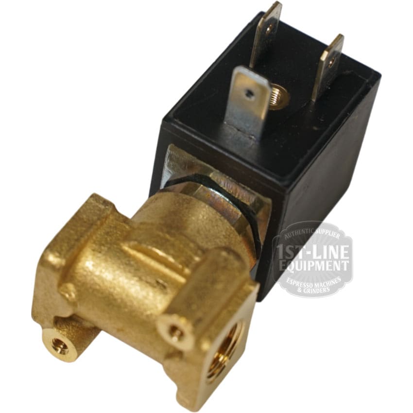 Close-up of the OLAB Solenoid Valve 2-Ways 230 Volt, featuring a brass body, black plastic coil housing, and three metal terminals—ideal for espresso machines or similar equipment. © 2025 1st-line.com