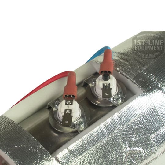 Close-up of two metal electrical terminals with red and blue wires attached, mounted on a Bellezza BE.040.012 Bellona Steam Boiler Assembly - Version 1 ONLY. A 1st-Line Equipment watermark appears in the upper right corner. © 2025 1st-line.com