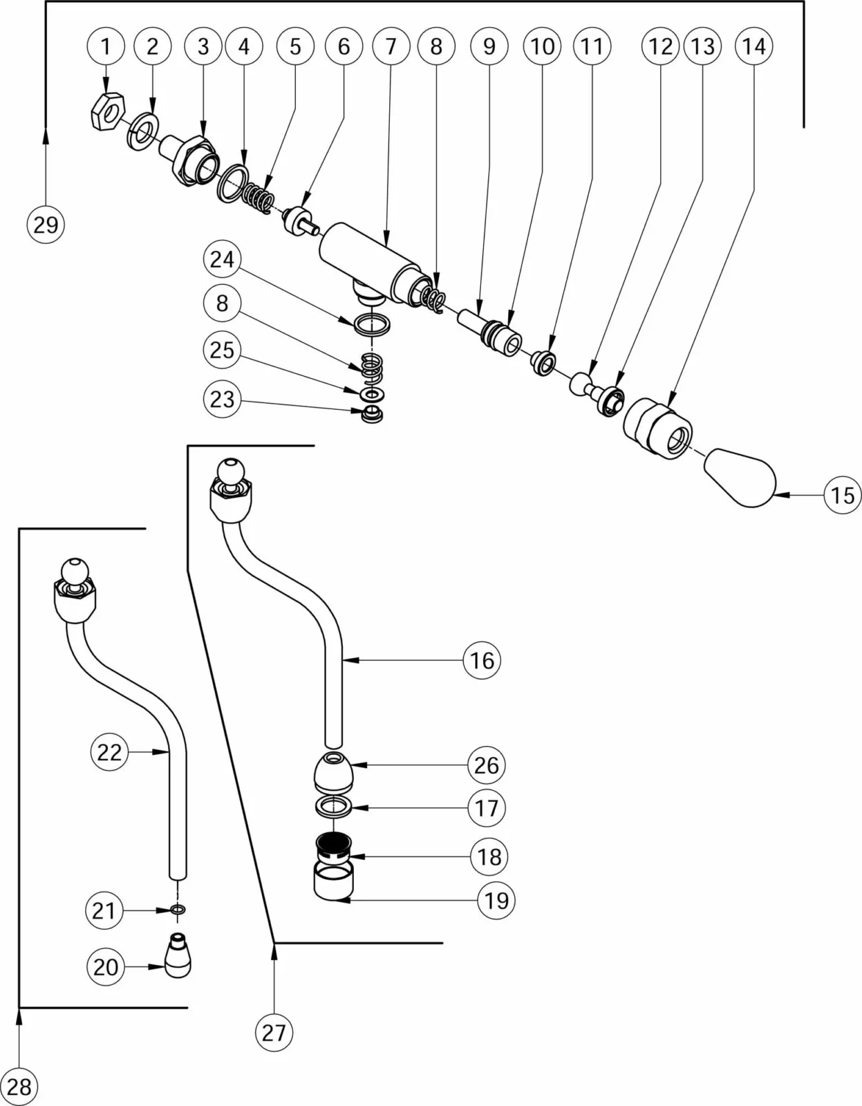 Exploded Parts Diagram of a faucet assembly with numbered components, including the handle, spout, washers, nuts, and other internal elements—all separated and labeled for easy identification. Features the Torre Peppina EVO model. © 2025 1st-line.com