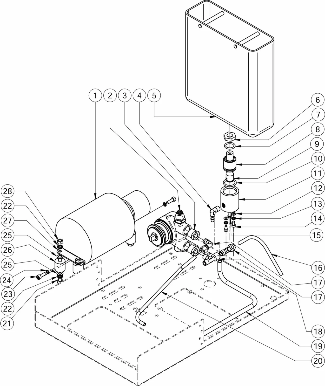 Exploded Parts Diagram of a mechanical assembly, including a rectangular tank, cylindrical component, pipes, and valves. Numbered parts with connecting lines detail how the components of the Torre Peppina EVO fit together. © 2025 1st-line.com