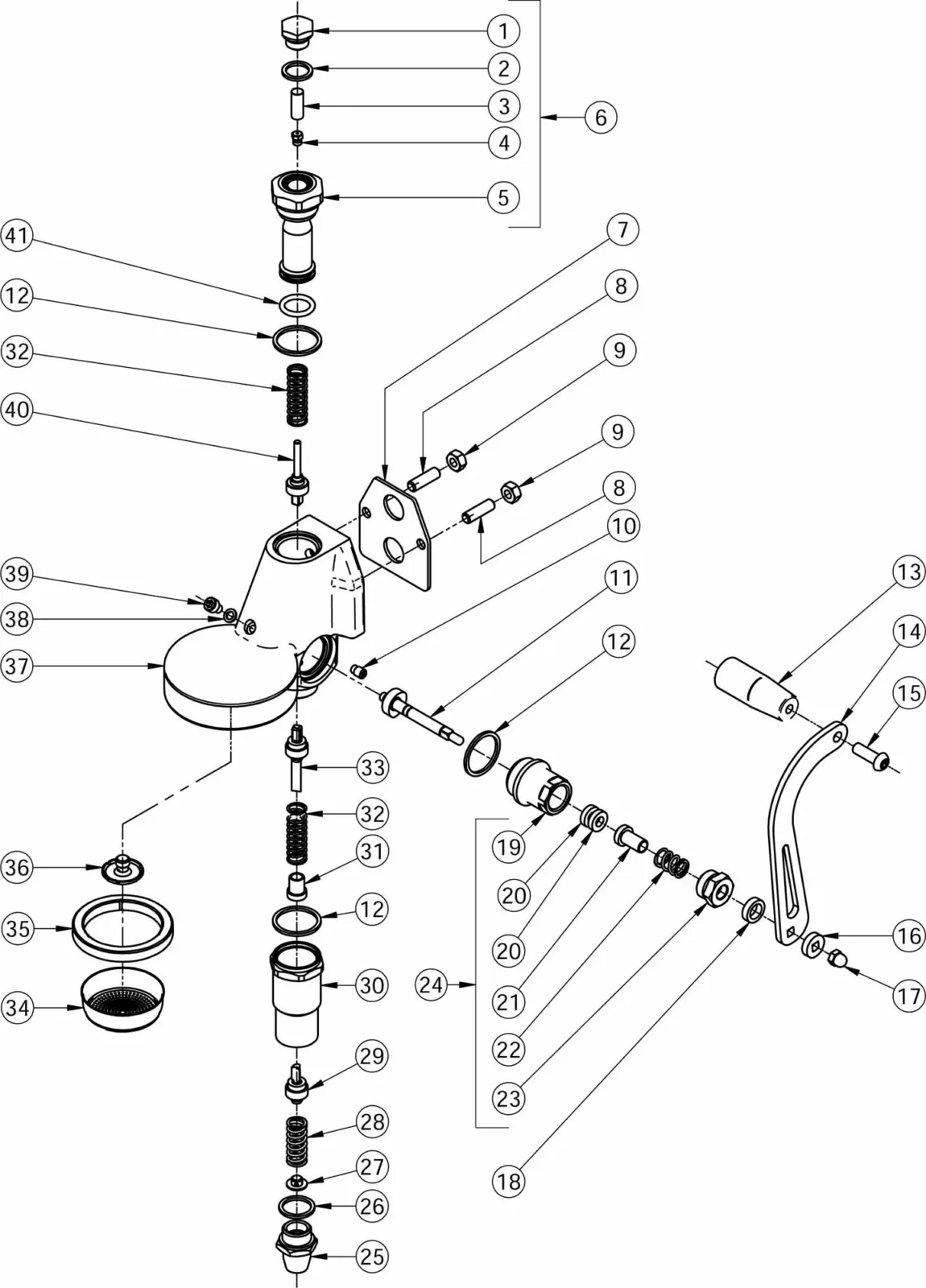 Exploded parts diagram of a mechanical assembly, such as the Torre Peppina EVO, with numbered components—including handle, springs, washers, screws, and main body—each clearly labeled with reference numbers for easy identification. © 2025 1st-line.com