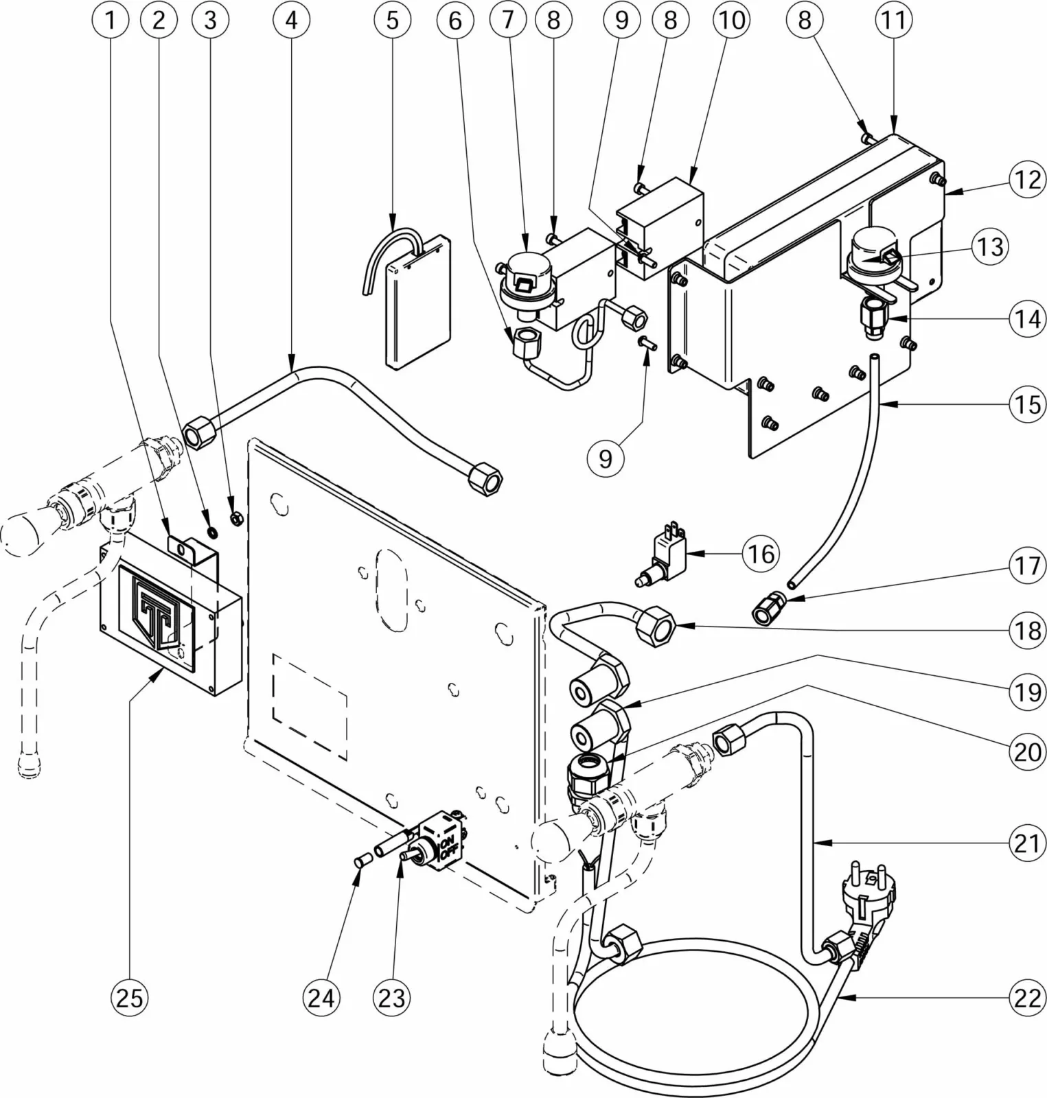 Exploded Parts Diagram of an electronic device showing various components, wires, valves, connectors, and a power cord—all numbered for identification and assembly reference. Ideal for Torre Peppina EVO repair or maintenance. © 2025 1st-line.com