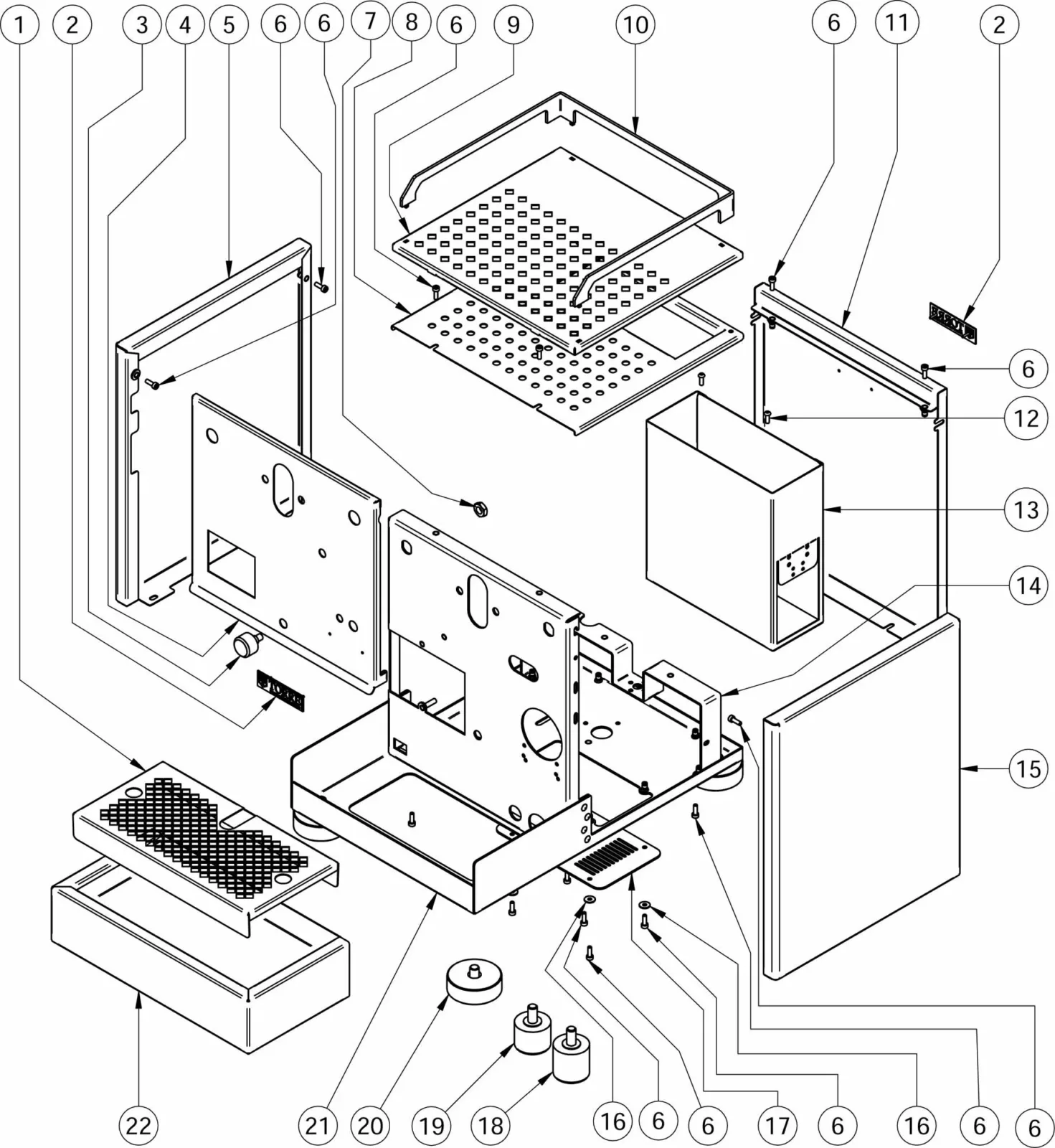Exploded parts diagram of the Torre Peppina EVO rectangular electronic device, showing the outer casing, inner panels, circuit board, vents, buttons, screws, and other components—each numbered and separated for clarity. © 2025 1st-line.com