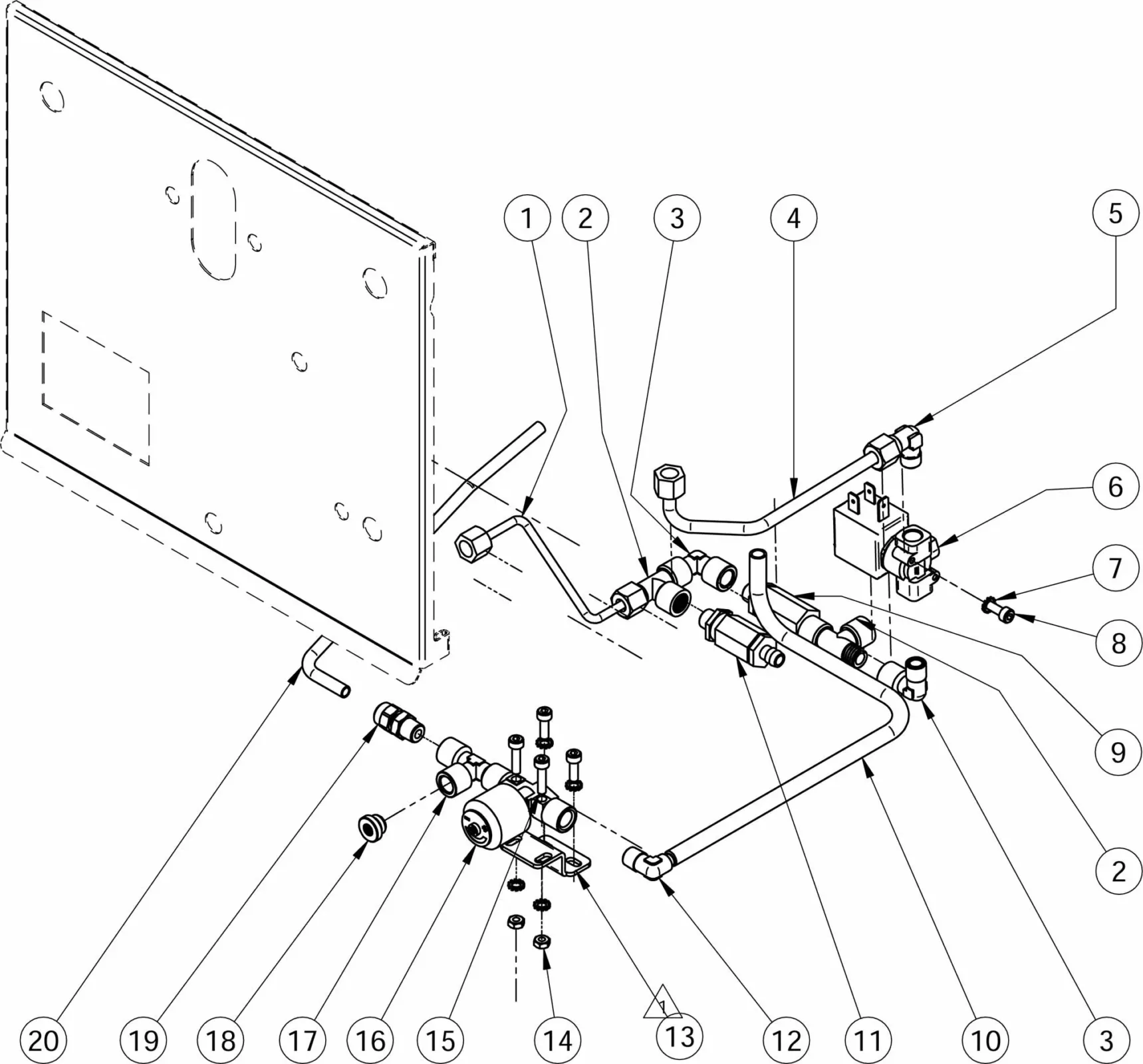 Exploded parts diagram with numbered components shows the assembly of a Torre Peppina EVO mechanical or plumbing device, including pipes, valves, fittings, and mounting plate. Labels clearly identify each part for easy reference. © 2025 1st-line.com