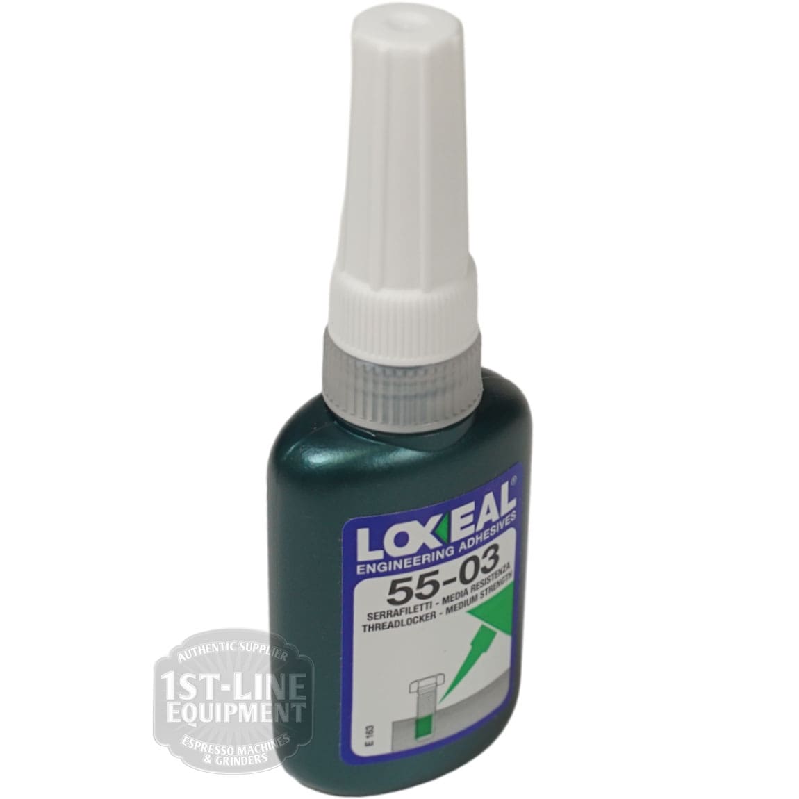 LOXEAL 55-03 10ML Foodsafe Threadlock features a green body, white nozzle cap, and label indicating medium strength and food safety. © 2025 1st-line.com