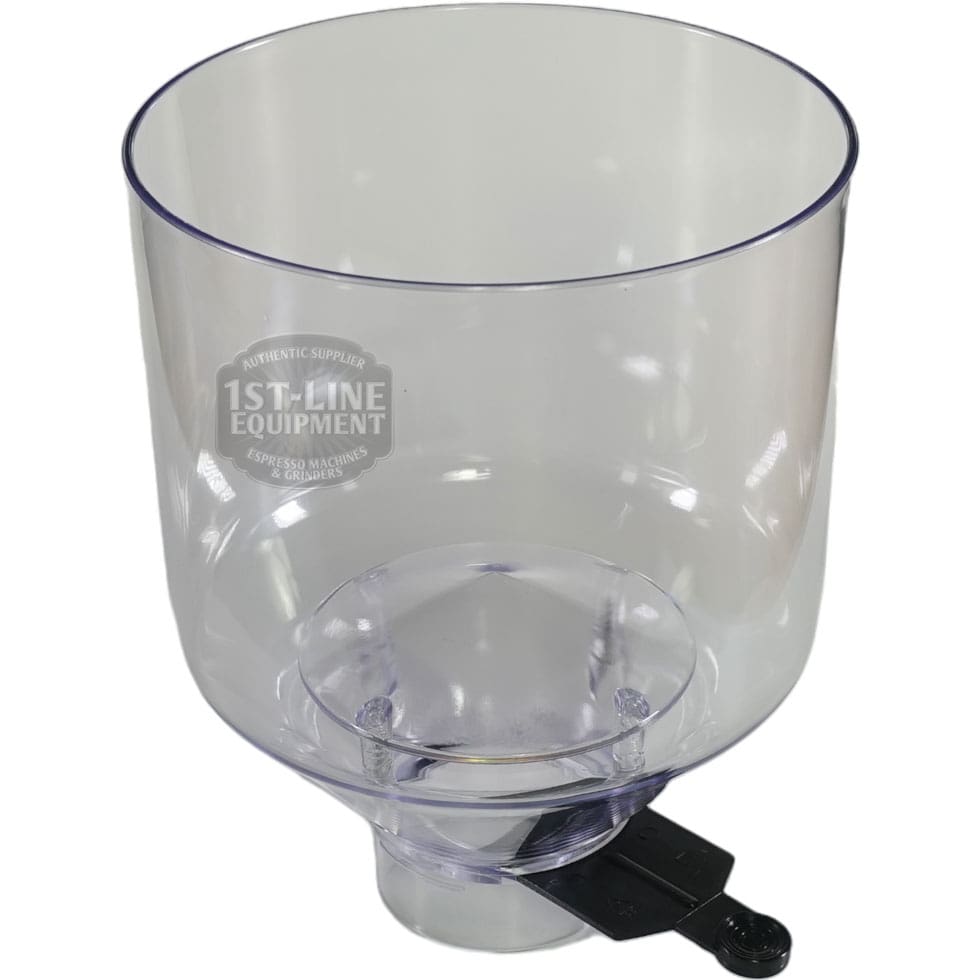 Quamar RMT800015 1.2 kg Bean Hopper Assembly features clear plastic construction, a black lid release lever at the bottom, and displays the 1st-Line Equipment logo on the side. Holds up to 1.2 kg of beans. © 2025 1st-line.com