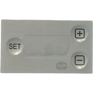 Rectangular control panel with three buttons—SET on the left, plus (+) and minus (−) on the right. The gray textured surface gives the Bellezza IN.005.024 Inizio Display Film a sleek, modern appearance. © 2025 1st-line.com