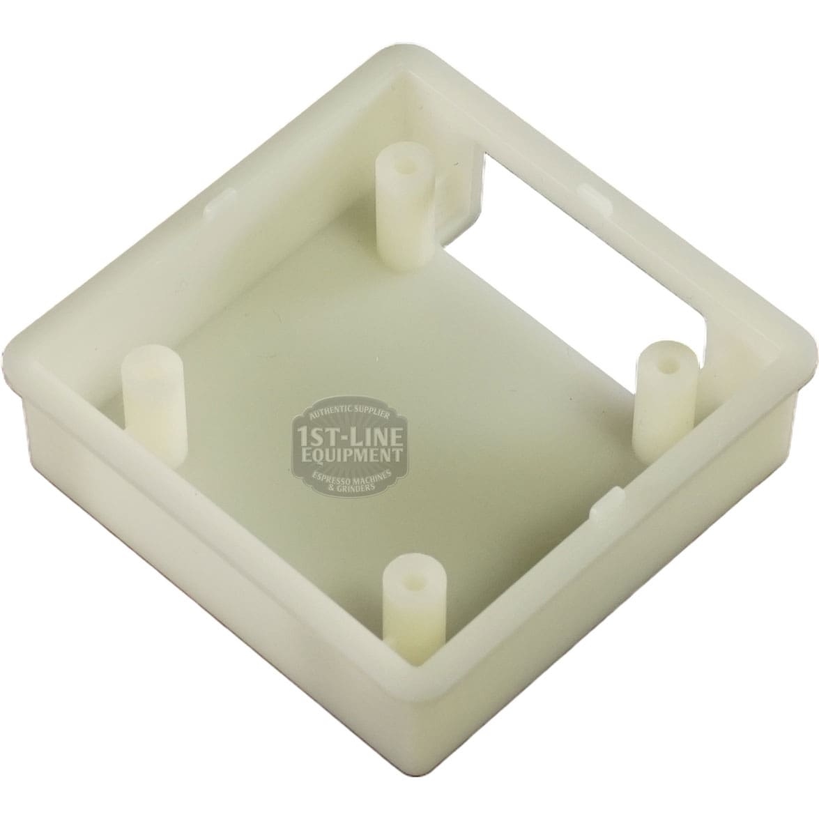 The Bellezza BE.001.016 Version 1 Display Box features a white rectangular plastic housing with four cylindrical posts inside and an open rectangular cutout on one side, shown against a plain background. © 2025 1st-line.com
