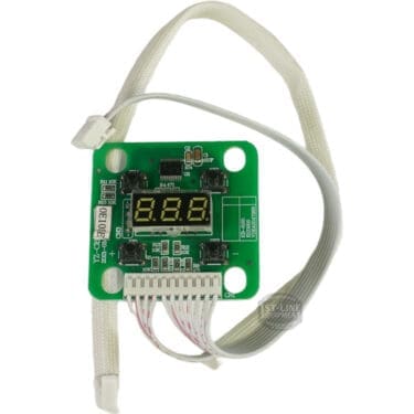 The Bellezza BE.001.017 Version 1 Display Board is a small green board with a numeric LED display, connector pins, and an attached white ribbon cable for electronic measurements or control. © 2025 1st-line.com