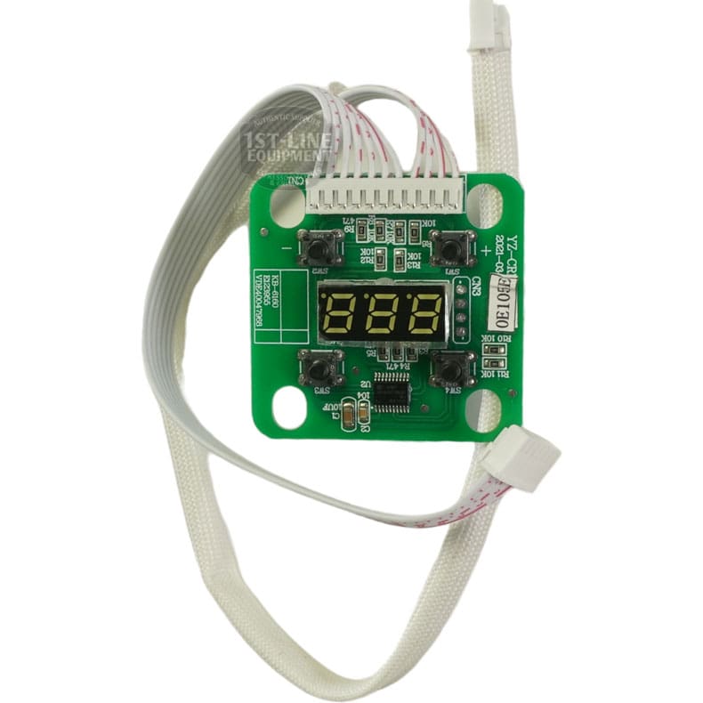 The Bellezza BE.001.017 Version 1 Display Board is green, features a digital numeric display, four black buttons, ribbon cables, and labeled components—designed for precise electronic control or measurement. © 2025 1st-line.com