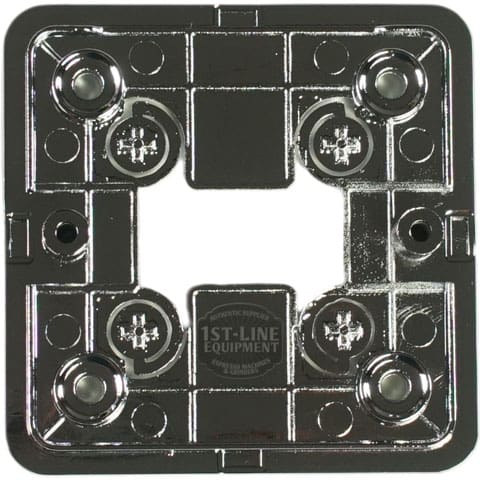 The Bellezza BE.001.018 Version 1 Display Cover is a chrome-plated, square bracket with four screw holes and a large square cutout. 1st-Line Equipment is printed at the bottom center. © 2025 1st-line.com