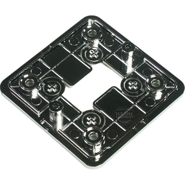 The Bellezza BE.001.018 Version 1 Display Cover is a shiny, metallic, square mounting plate featuring a central cutout, multiple holes, and raised sections for securing or connecting hardware components. © 2025 1st-line.com