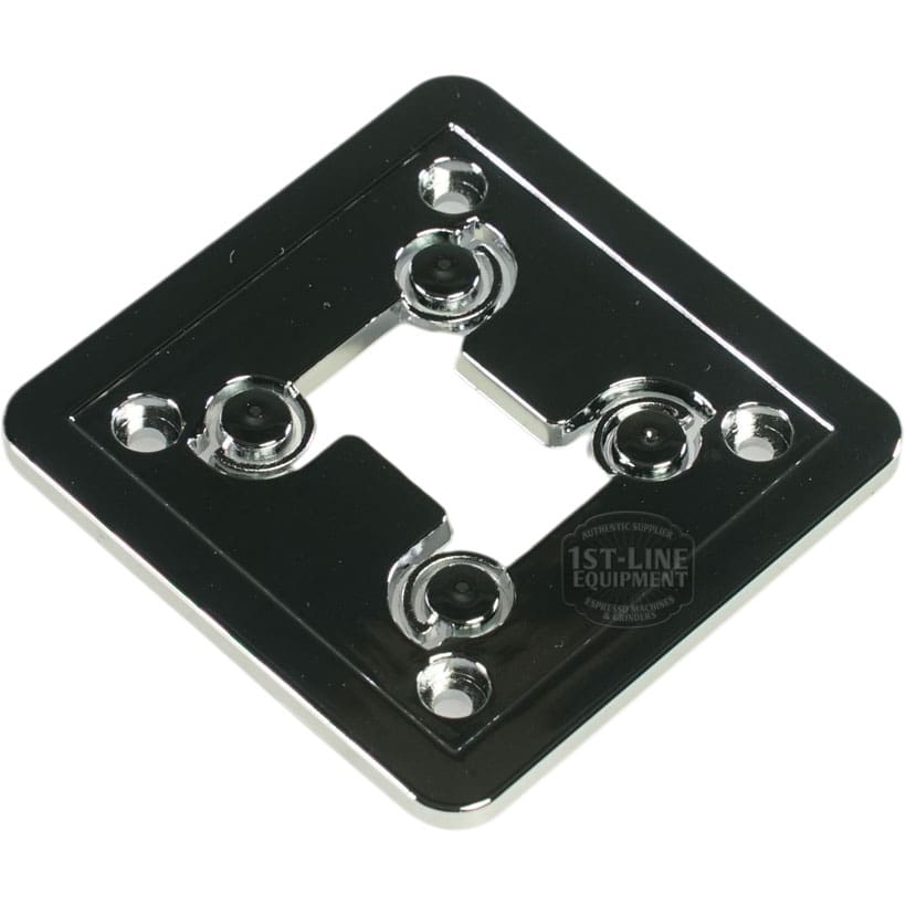 The Bellezza BE.001.018 Version 1 Display Cover is a shiny, square metal piece with rounded edges, four corner screw holes, a central cutout with two notches, and a polished chrome-like finish that reflects light. © 2025 1st-line.com