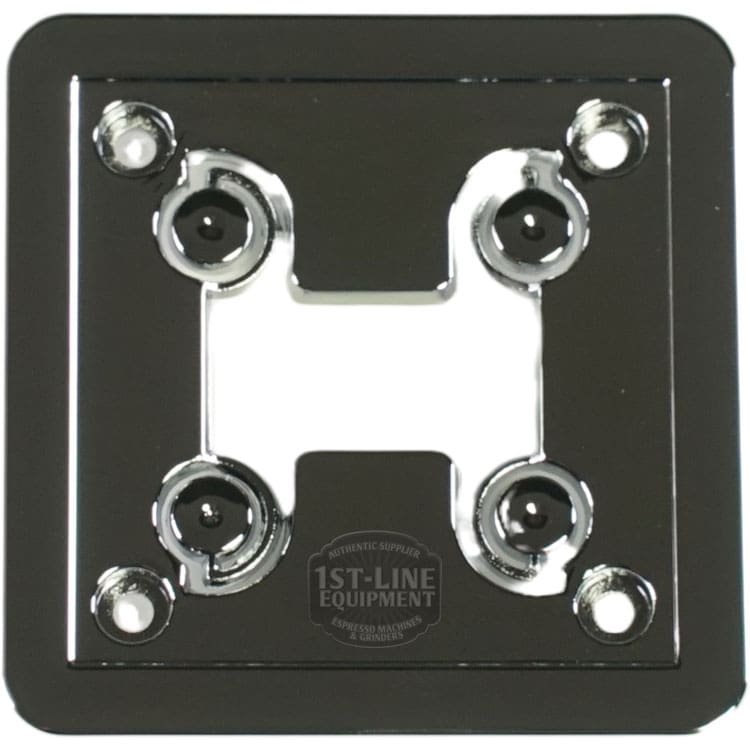 The Bellezza BE.001.018 Version 1 Display Cover is a shiny, square metallic plate with an H-shaped central cutout, four corner screws, and a reflective surface subtly displaying 1st-Line Equipment. © 2025 1st-line.com
