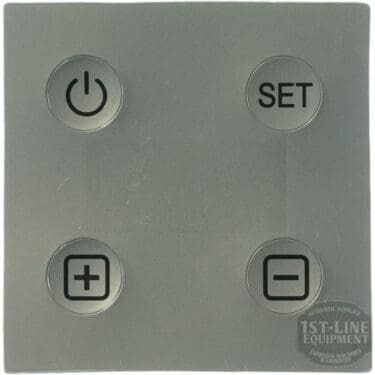 The Bellezza BE.001.020 Bellona Version 1 Display Film is a square gray control panel with four black buttons (power, SET, plus, minus) and the 1st-Line Equipment logo in the bottom right corner. © 2025 1st-line.com