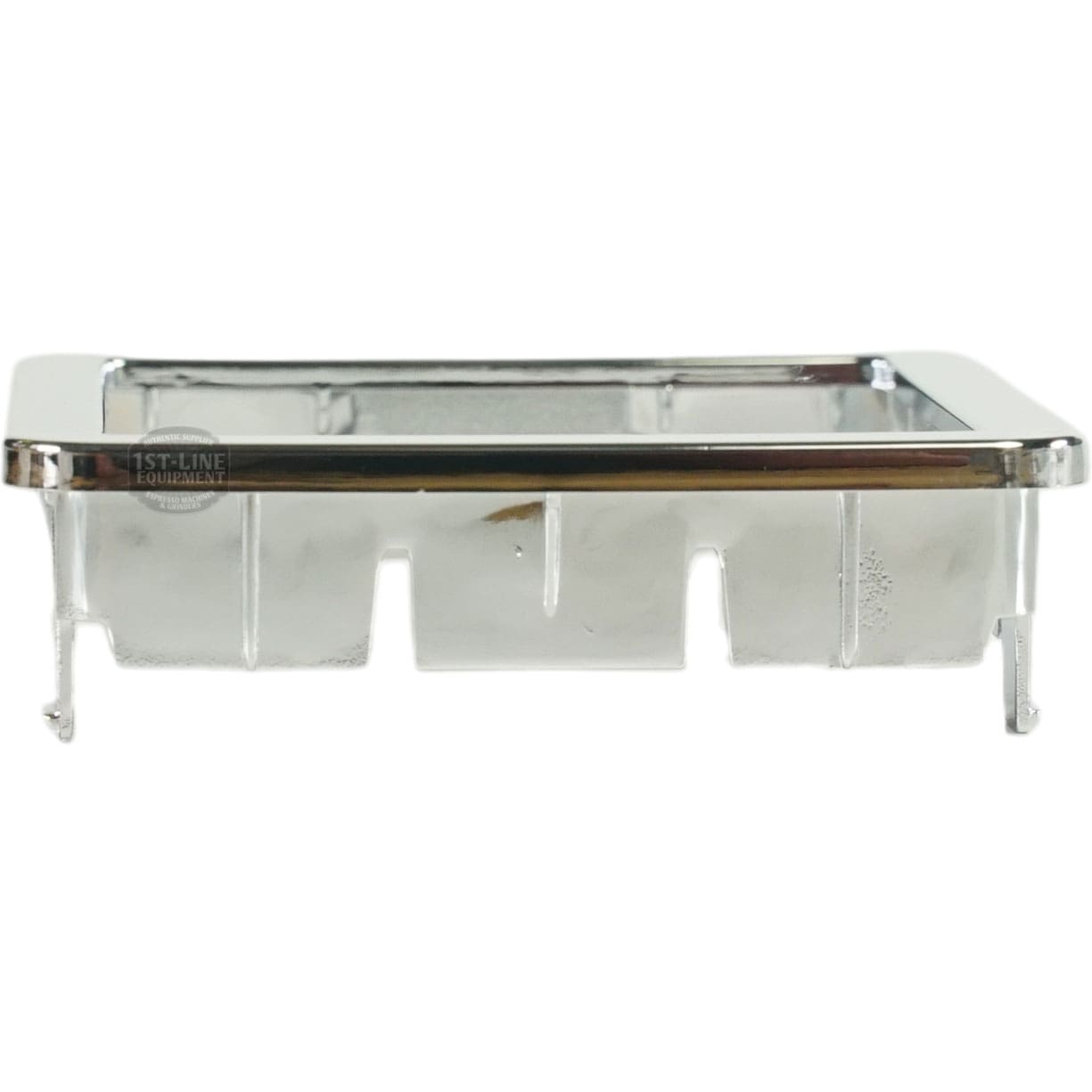 The Bellezza BE.001.021 Bellona Decorative Piece is a rectangular metal tray with a shiny chrome finish, raised edges, four small legs, and slots along the bottom edge, shown from the side. © 2025 1st-line.com