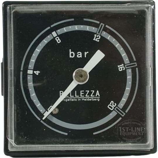 The Bellezza BE.001.022 Bellona Pump Pressure Gauge has a black face with white markings, a square case, 0–20 bar range, reads just above 0 bar, and features BELLEZZA plus Progettato in Heidelberg on the dial. © 2025 1st-line.com