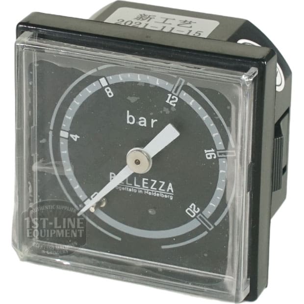 The Bellezza BE.001.022 Bellona Pump Pressure Gauge is a square analog gauge with a clear cover, black dial, and white needle near 12 bar—perfect for Bellezza Bellona and espresso machines. © 2025 1st-line.com