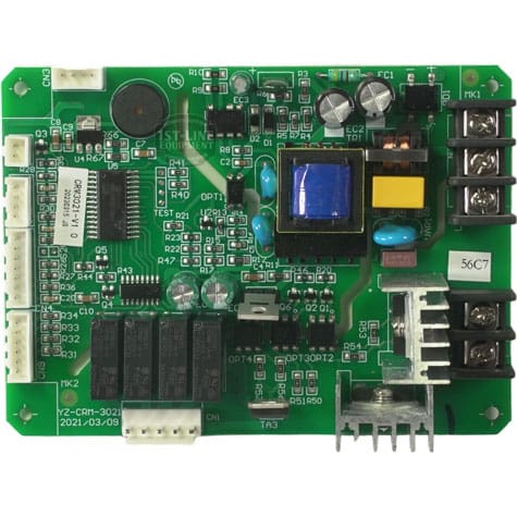 The Bellezza BE.004.002 Bellona Power Board 110V features a green circuit board with capacitors, relays, connectors, a blue transformer, printed labels and numbers; supports 110V operation and is compatible with Bellezza machines. © 2025 1st-line.com