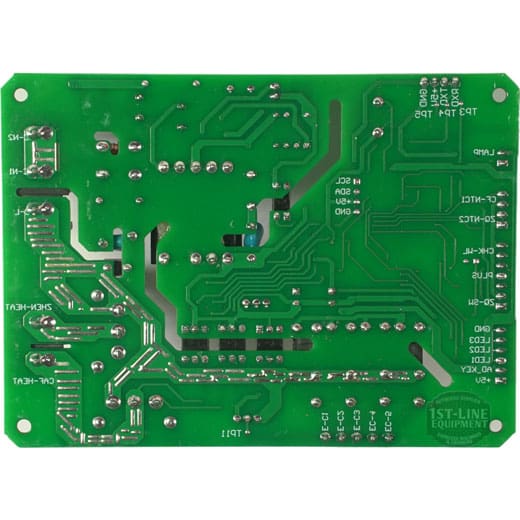 The Bellezza BE.004.002 Bellona Power Board 110V features a green PCB with silver solder points, visible circuit traces, and white-printed product labeling and codes. No electronic components are mounted on the board. © 2025 1st-line.com