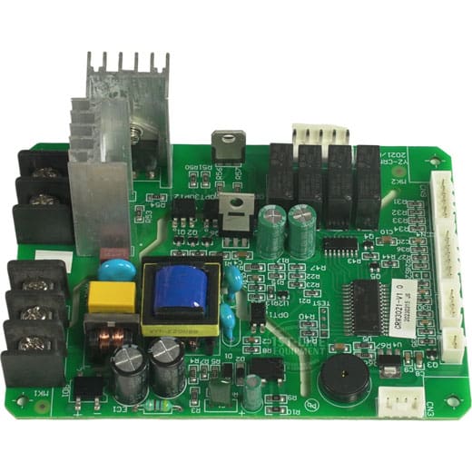 The Bellezza BE.004.002 Bellona Power Board 110V is a green PCB with capacitors, relays, heat sinks, connectors, and assorted electronic components. © 2025 1st-line.com