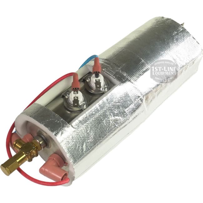 The Bellezza BE.040.012 Bellona Steam Boiler Assembly - Version 1 ONLY is a cylindrical unit with reflective insulation, featuring visible wiring, connectors, and brass fittings for efficient espresso machine performance. © 2025 1st-line.com