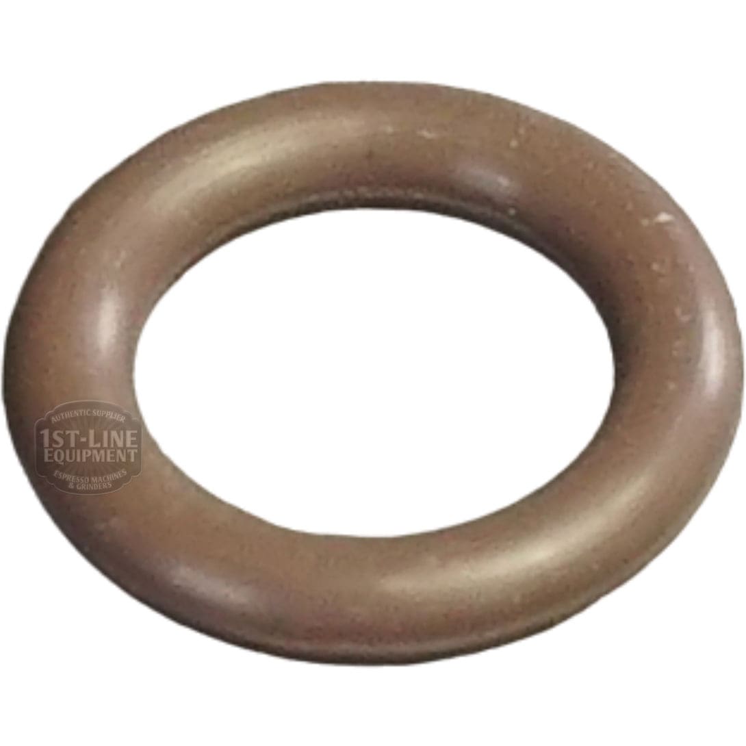 The Bellezza BE.090.012 Coffee Boiler Heating Element Gasket is a brown rubber O-ring with a smooth surface, designed specifically for use with Bellezza coffee boiler heating elements, pictured on a plain white background. © 2025 1st-line.com