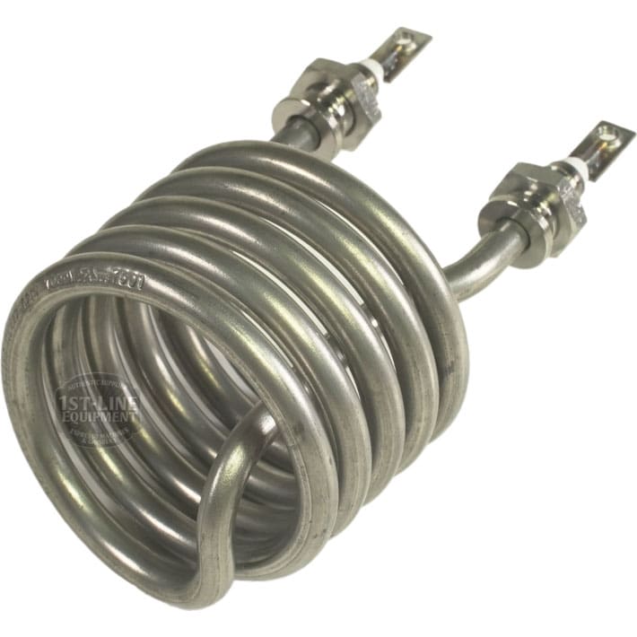 The Bellezza BE.090.013 1000W 120V Bellona Coffee Boiler Heating Element features a tightly wound spiral coil with two terminal connectors, providing efficient heating for liquids in tanks or containers. © 2025 1st-line.com