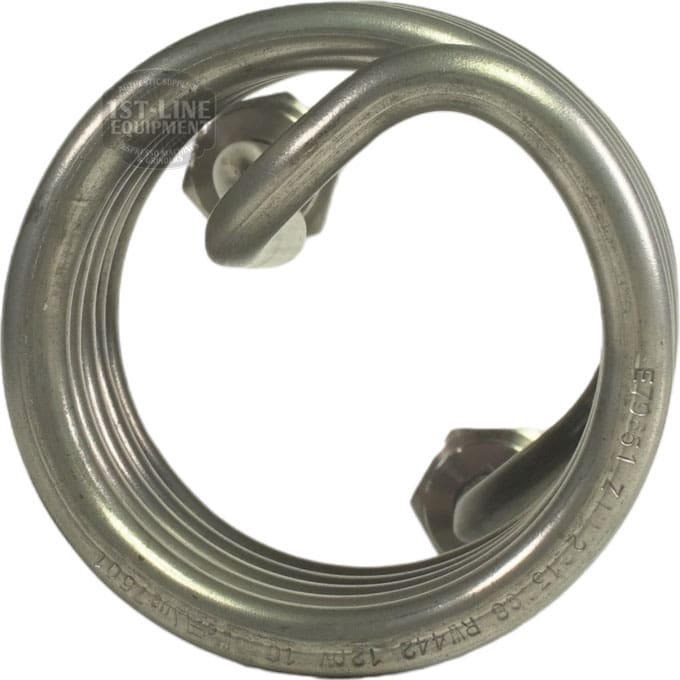 The Bellezza BE.090.013 1000W 120V Bellona Coffee Boiler Heating Element is a coiled stainless steel part with two hexagonal fittings, spiral shape visible from one end, and Bellezza plus 1000W engraved near the edge. © 2025 1st-line.com