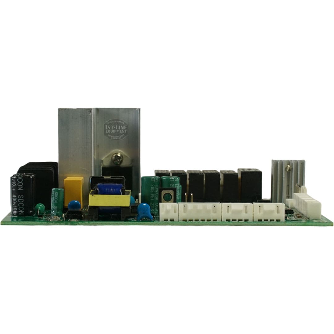 The Bellezza IN.005.016 Inizio Power Board 110V is a green board with capacitors, connectors, relays, and heat sinks neatly arranged in rows, designed for Bellezza machines and shown from the front. © 2025 1st-line.com