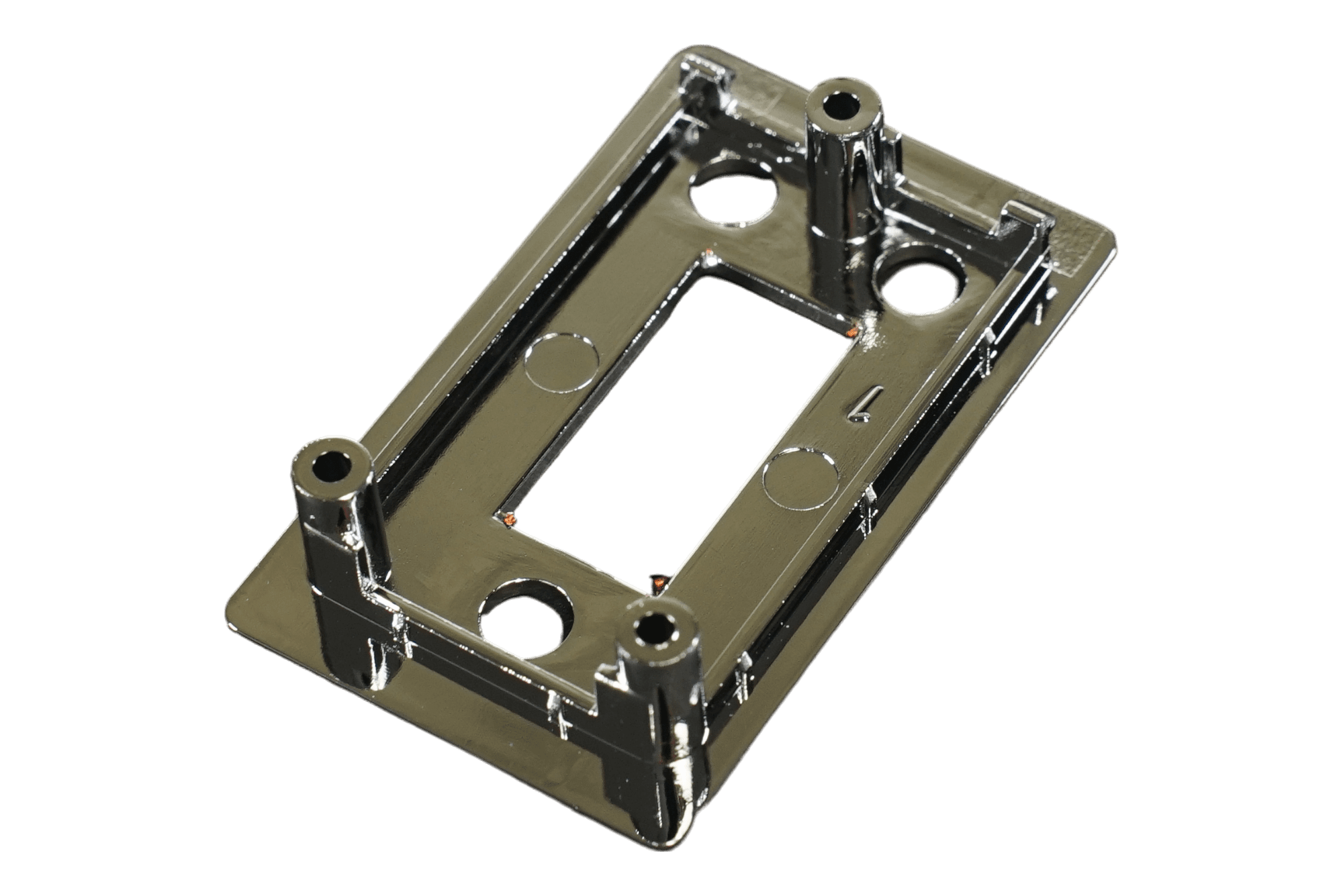 The Bellezza IN.005.023 Inizio Display Cover is a rectangular, shiny metallic mounting bracket with four raised corner posts and a central rectangular cutout, shown isolated on a black background. © 2025 1st-line.com