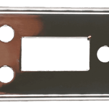 The Bellezza IN.005.023 Inizio Display Cover is a shiny metallic wall plate featuring three circular holes and one large rectangular cutout, ideal for mounting switches or outlets. © 2025 1st-line.com