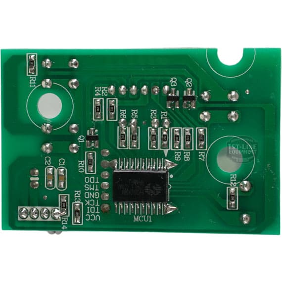 The Bellezza IN.005.026 Inizio Display Board is a green PCB with resistors, capacitors, and a central black chip marked MCU1, plus labeled connections and silver solder points. © 2025 1st-line.com