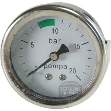 The Bellezza IN.064.038 Inizio Pump Pressure Gauge Black displays pressure in bars, features pompa and Inizio Pump labels, a needle at 8 bar, a green zone from 8–10 bar, and a metallic rim for added style. © 2025 1st-line.com