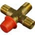 The Bezzera 7304545TR Cross Fitting 1/8 G has brass construction, a cross shape, G-threaded ends, and one end covered by a red plastic cap. © 2025 1st-line.com