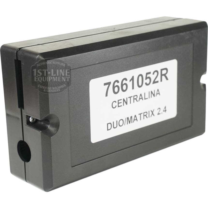 The Bezzera 7661052R Control Brain Unit DUO/MATRIX is a black rectangular electronic control box for Bezzera machines, labeled accordingly and marked with the 1st-Line Equipment watermark for authenticity. © 2025 1st-line.com