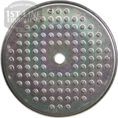 The Dispersion Screen with Center Opening - 58 mm - Nano Coating features a round metal design with a single center hole, grid of small raised bumps, and a slightly iridescent nano coating for enhanced durability and performance. © 2025 1st-line.com