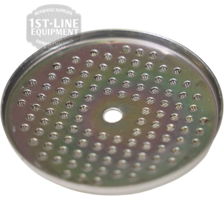 The Dispersion Screen with Center Opening - 58 mm - Nano Coating features numerous small holes plus a central hole for even water flow over coffee grounds. The 1st-Line Equipment logo is displayed in the upper left corner. © 2025 1st-line.com