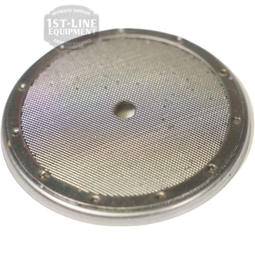 The Dispersion Screen with Center Opening - 58 mm - Nano Coating is a circular metal espresso machine screen with a fine mesh surface and central hole, designed to evenly disperse water over coffee grounds. © 2025 1st-line.com