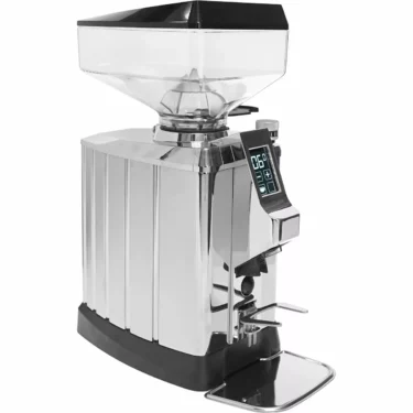 The Faema TOUCH & MATCH Espresso Coffee Grinder, featuring a digital display, clear top bean hopper, and sleek metallic body, is displayed against a white background—ideal for the TOUCH & MATCH experience. © 2025 1st-line.com