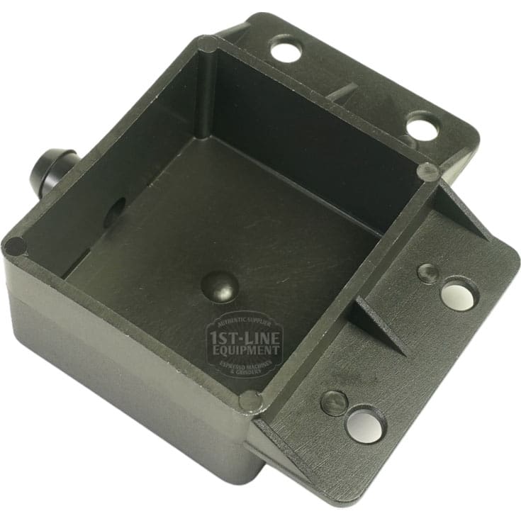 The Lelit 3700078 Drain Basin for Bianca is a black plastic rectangular bracket with four corner holes, a side hole, and a recessed center, shown on a white background. © 2025 1st-line.com