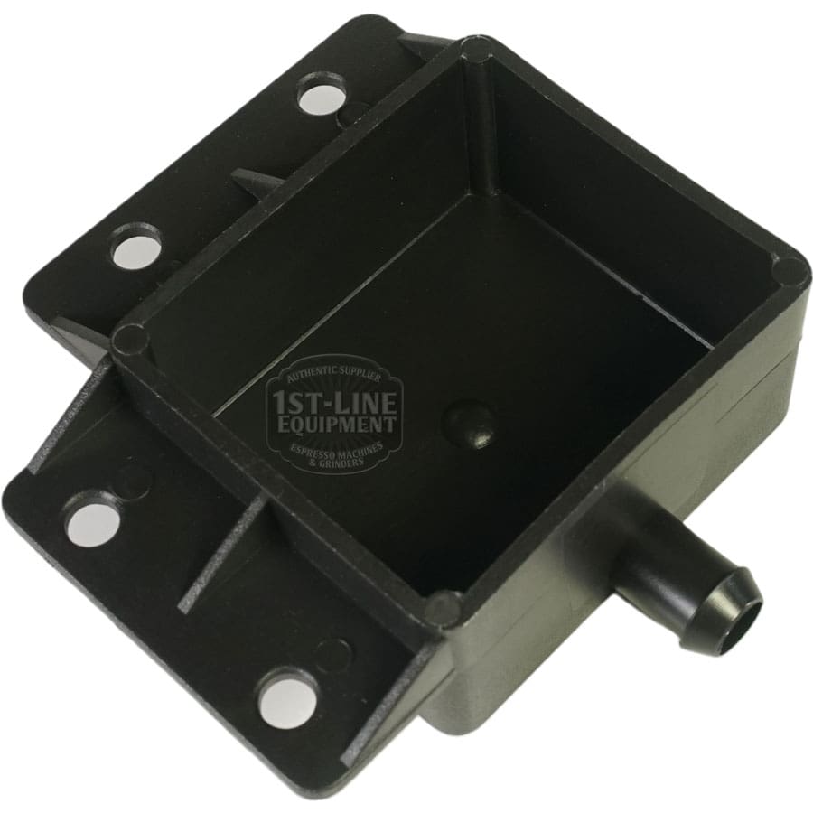 The Lelit 3700078 Drain Basin for Bianca is a black, rectangular plastic basin with four corner mounting holes, a short angled spout, and a recessed center area. Its designed for use with Bianca machines from 1st-Line Equipment. © 2025 1st-line.com