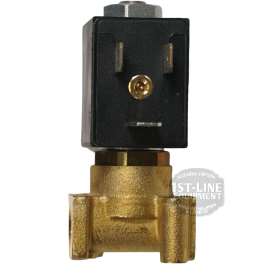 The OLAB Solenoid Valve 2-Ways 230 Volt features a brass body, a black rectangular coil with a metal screw on top, and threaded pipe connections at the bottom. The 1ST-LINE EQUIPMENT logo appears faintly when viewed from the front. © 2025 1st-line.com