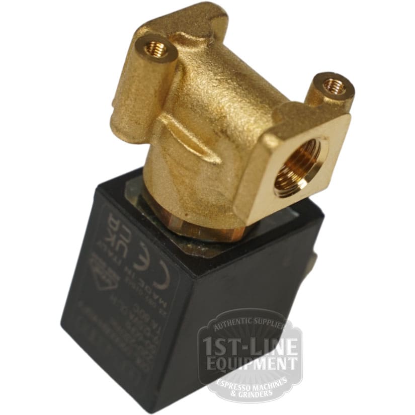 The OLAB Solenoid Valve 2-Ways 230 Volt features a brass body and a black rectangular electrical coil, which displays engraved technical specifications and 230V certification symbols. © 2025 1st-line.com