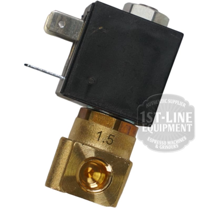 The OLAB Solenoid Valve 2-Ways 230 Volt, made of brass with a black rectangular coil and two metal terminals, is shown against a white background. The number 1.5 is engraved on the valve, commonly used in espresso machines. © 2025 1st-line.com