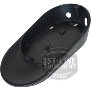 The Quamar 160434 Grinder Bottom - Black is an oval plastic drip tray base with rounded edges, multiple mounting holes, a flat extended front, and 1st-Line Equipment watermark; ideal for espresso machines or as a grinder bottom. © 2025 1st-line.com